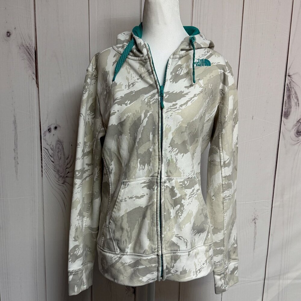 The North Face Women's Camo Full Zip Hoodie Medium Beige Teal Thumbholes EUC
